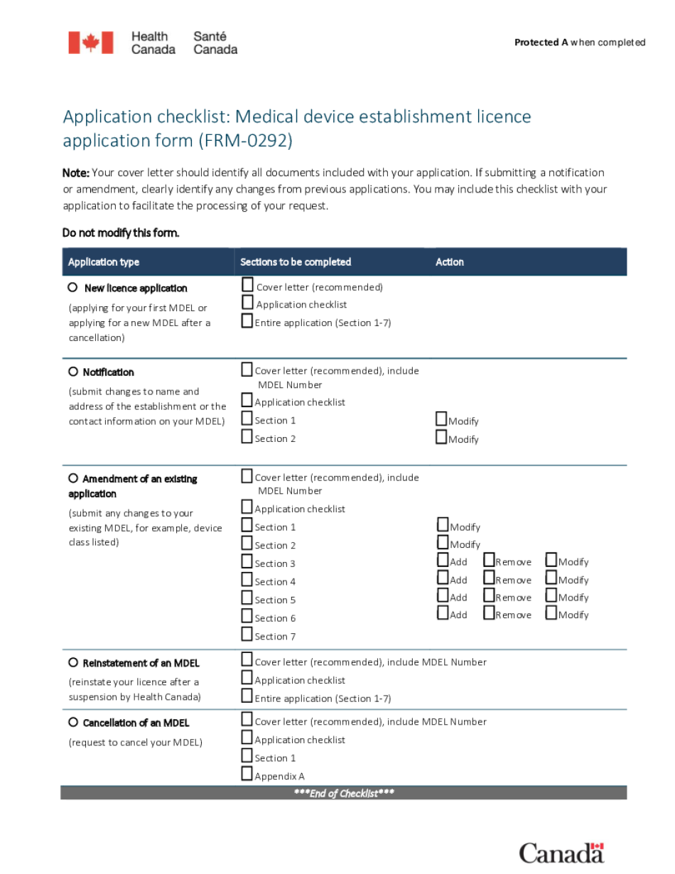  Application Checklist Medical Device Establishment Licence 2020-2024