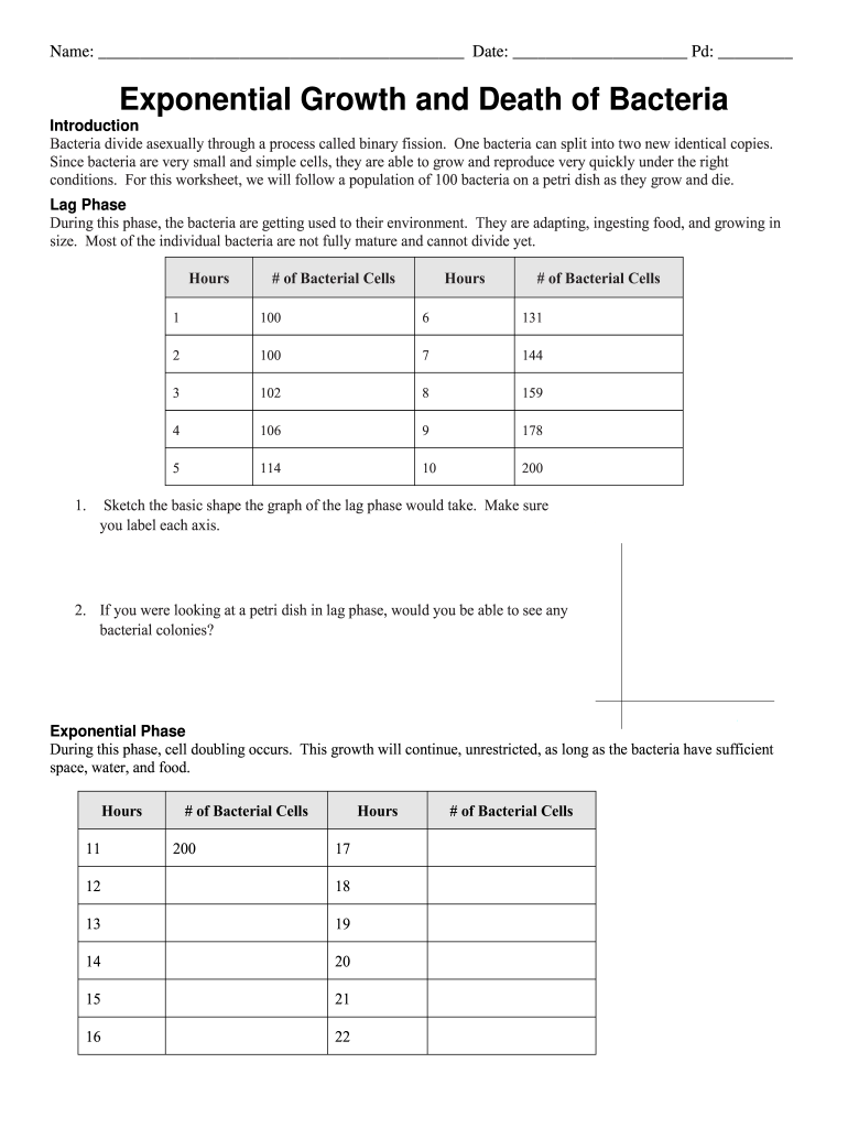 Exponential Growth and Death of Bacteria Worksheet Answer Key  Form