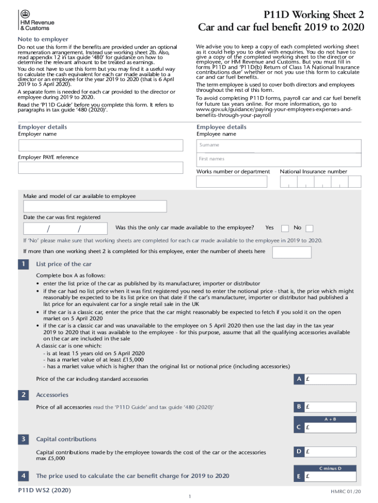  P11D Worksheet 2 Car and Fuel Benefit to 2020