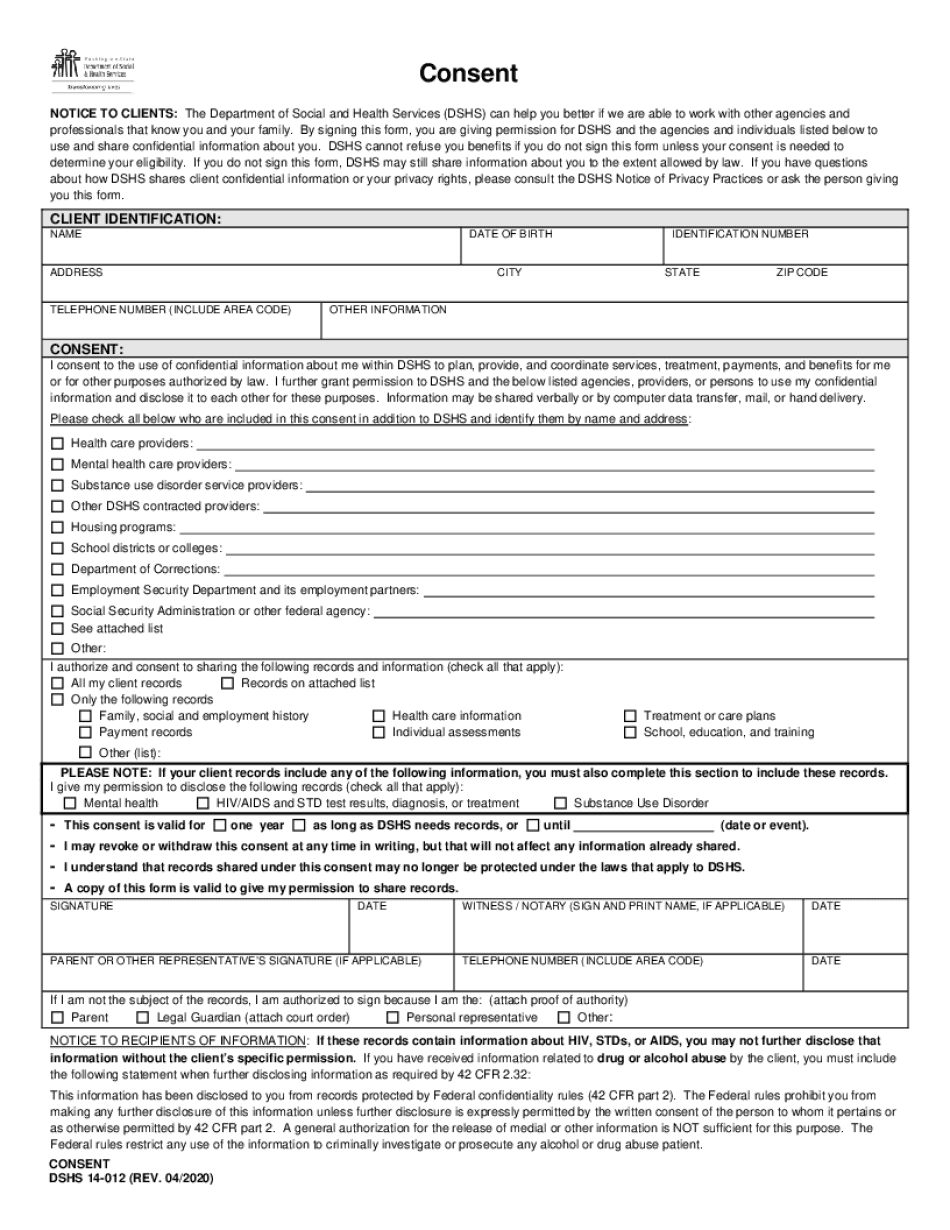  NOTICE to CLIENTS the Department of Social and Health Services DSHS Can Help You Better If We Are Able to Work with Other Agenci 2020-2024