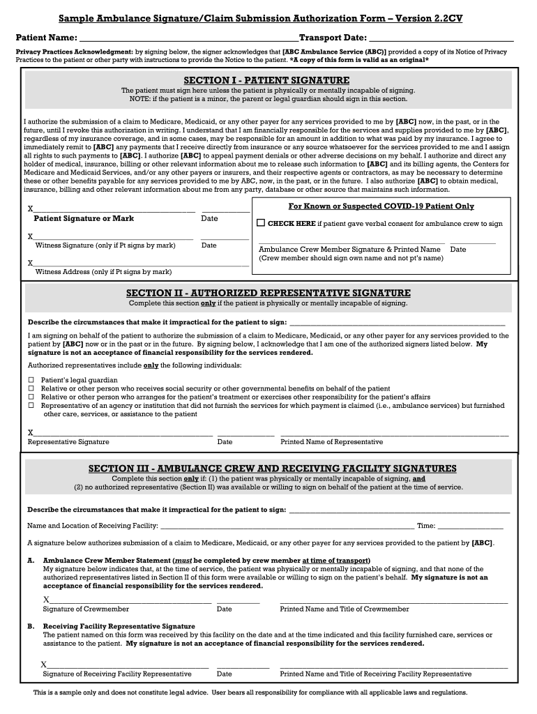 Sample Ambulance SignatureClaim Submission Authorization Form Version 2