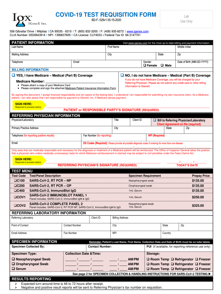  COVID 19 TEST REQUISITION FORM 2020