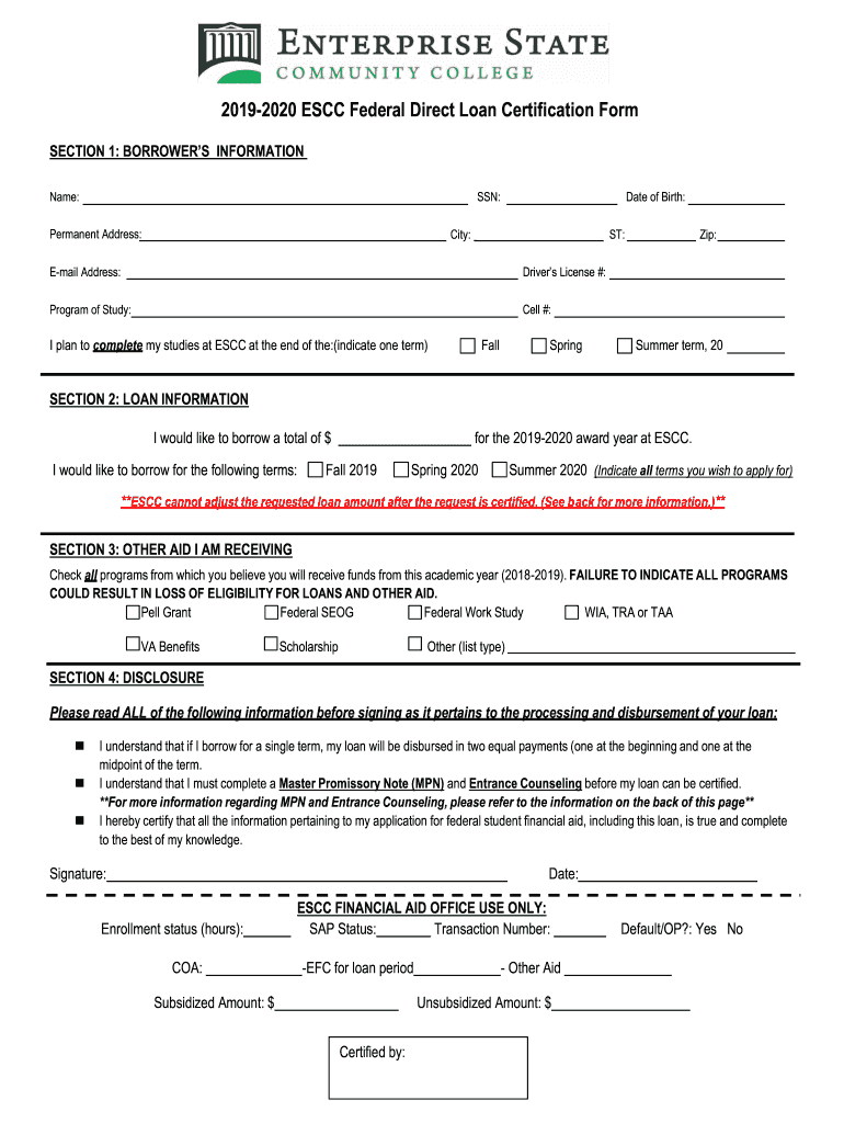  ESCC Federal Direct Loan Certification Form 2019-2024