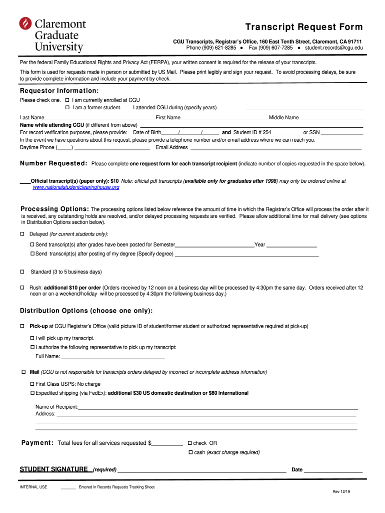  CGU Transcript Request Form 2019-2024