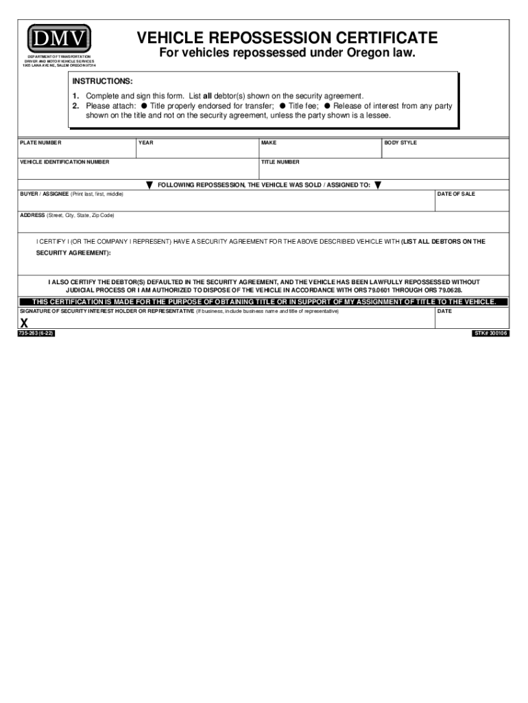 VEHICLE REPOSSESSION CERTIFICATE  Form