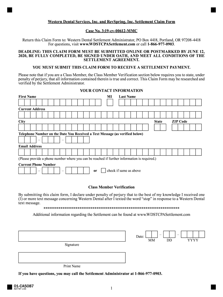 Western Dental Settlement  Form