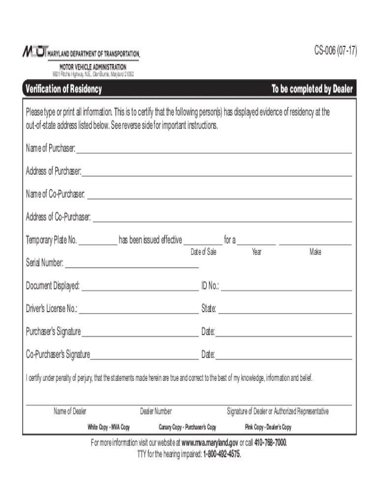 Verification of Residency Verification of Residency  Form