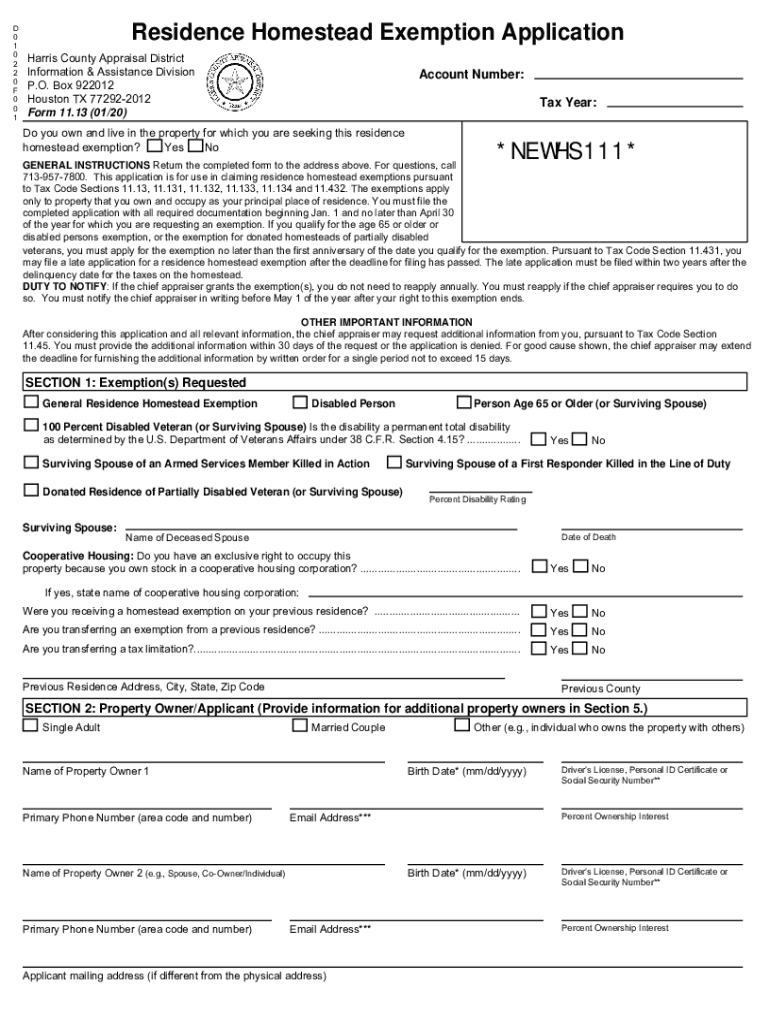  D 0 1 0 2 2 0 F 0 0 1Residence Homestead Exemption 2020-2024