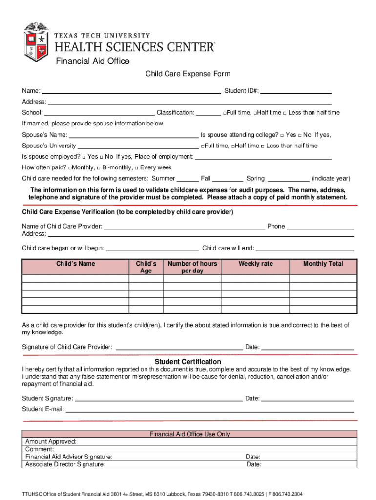  Financial Aid Office Child Care Expense Form Name 2017-2024