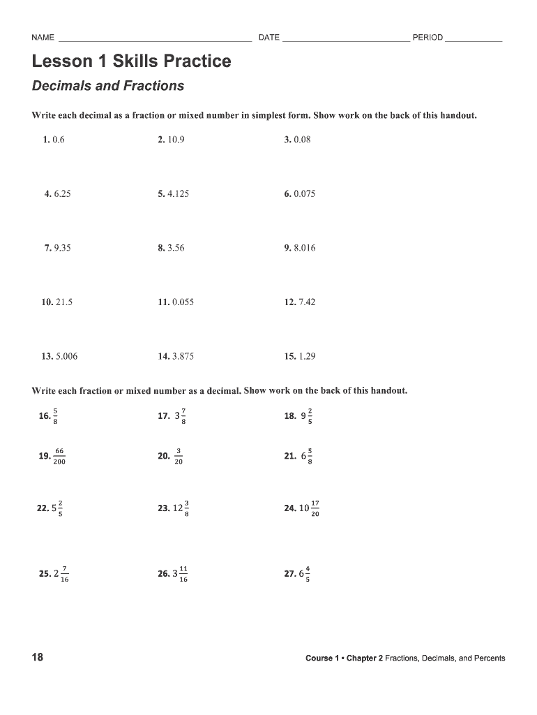 Lesson 1 Skills Practice Decimals and Fractions Answer Key  Form