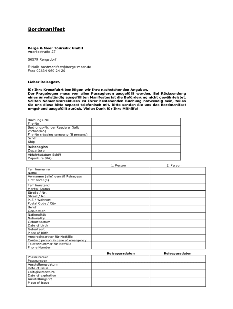 BordmanifestBerge &amp; Meet Touristic GmbH Ancestral  Form