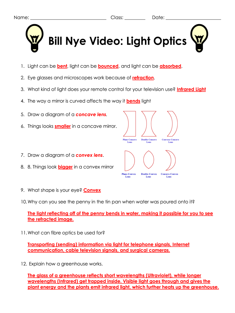 Bill Nye Light Optics Worksheet  Form