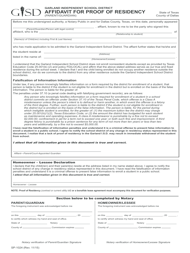 Garland Isd Affidavit for Proof of Residency  Form