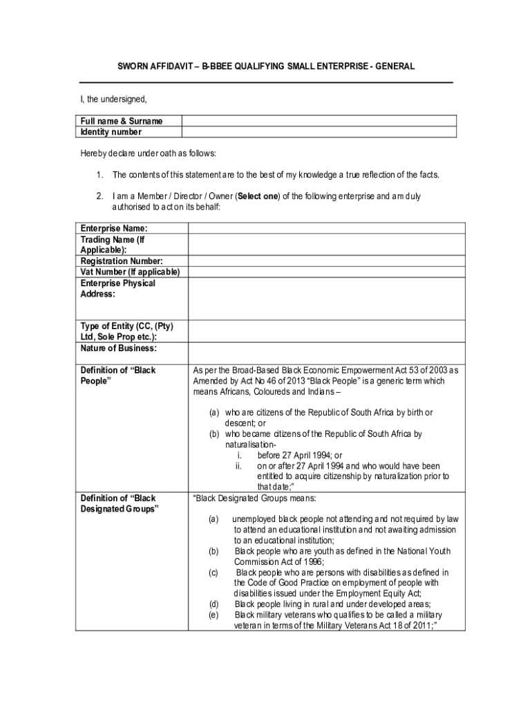 AFFIDAVIT BB BEE QUALIFYING SMALL ENTERPRISE GENER  Form