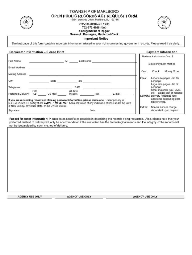  Nj Opra Request Township Form 2021-2024