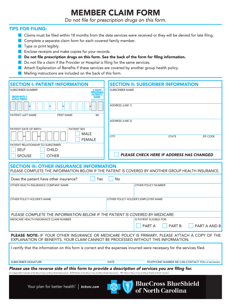  Member Claim Form Blue Cross NC 1999