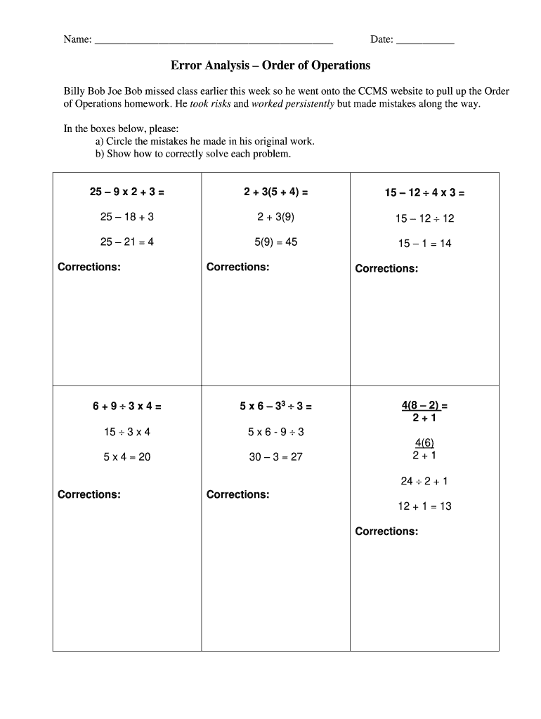 Error Analysis Order of Operations  Form