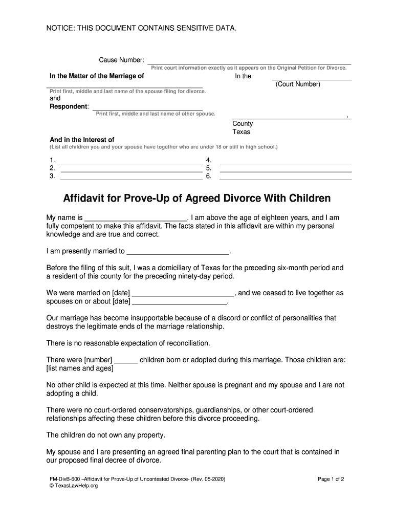 Affidavit of Prove Up Form Texas