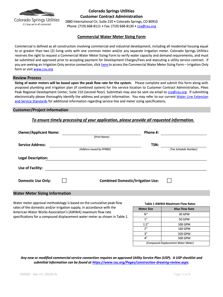  Commercial Water Meter Sizing Form Colorado Springs 2019-2024