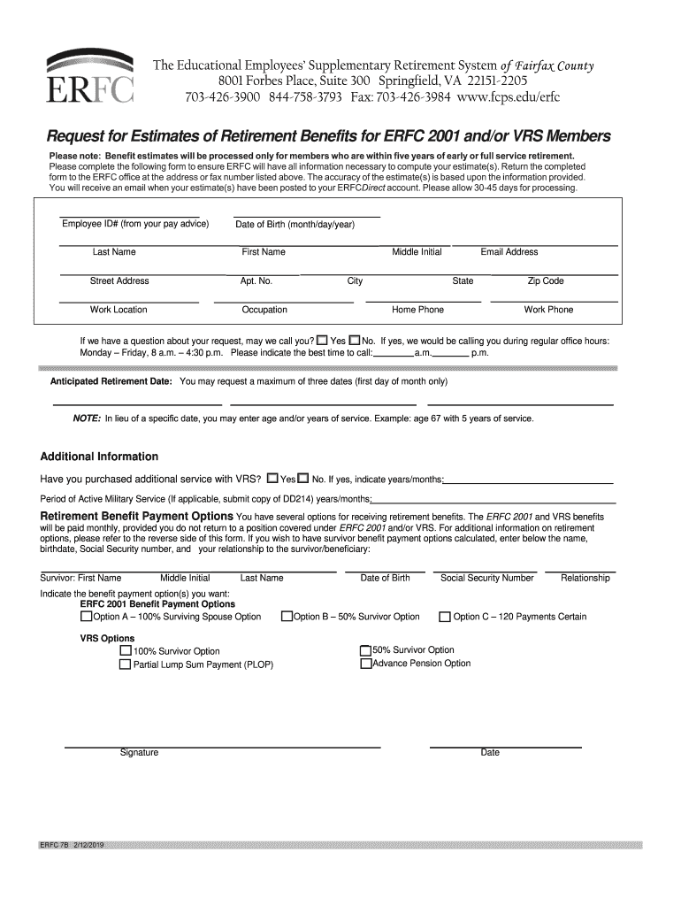  ERFC7B Request for Estimates of Retirement Benefits for ERFC Andor VRS Members 2019-2024