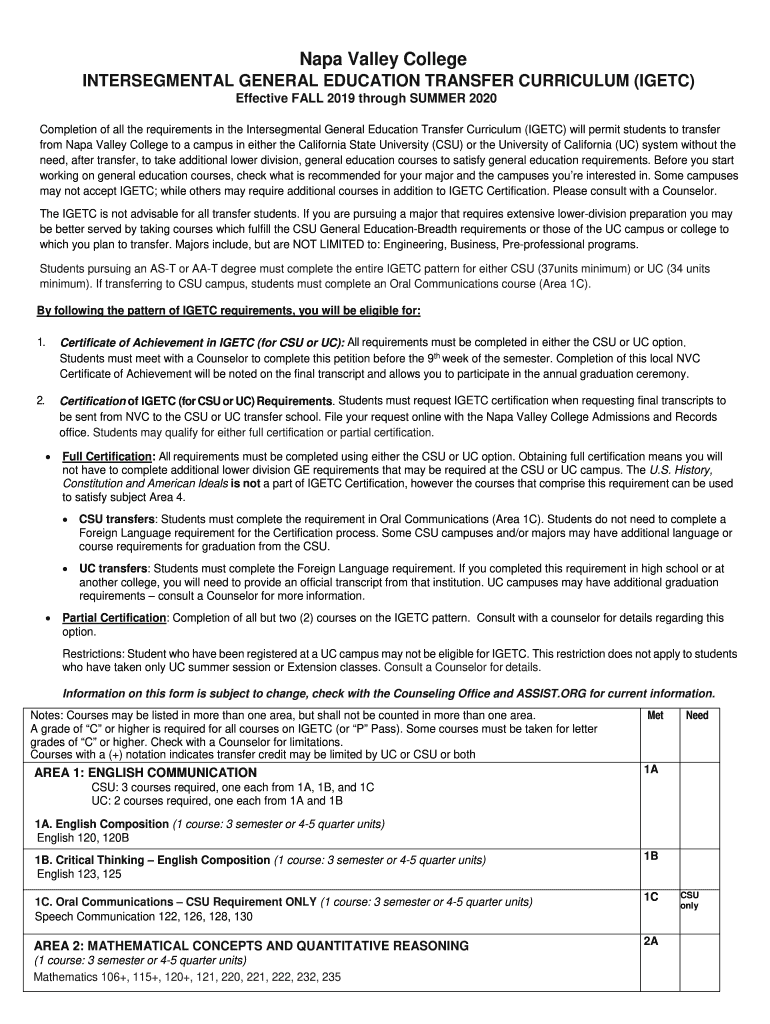  General Education Pattern Sheet IGETC PDF Napa Valley 2019-2024