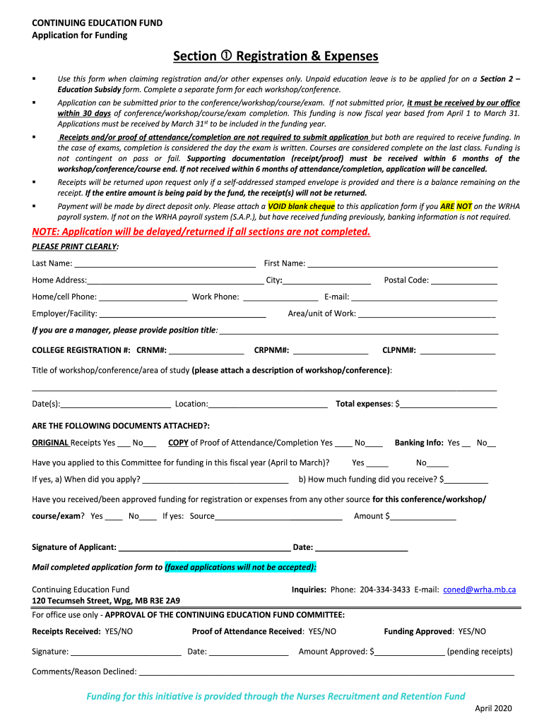 Section Registration &amp;amp;amp; Expenses WRHA Professionals  Form