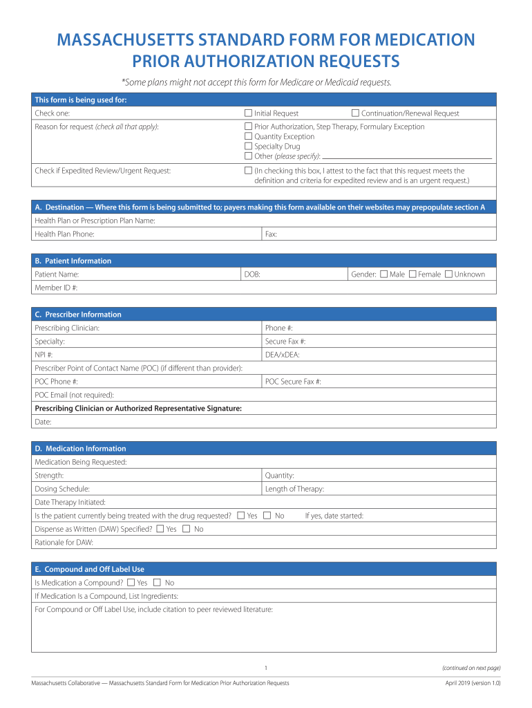 Massachusetts Standard Form for Medication Prior Mass Gov