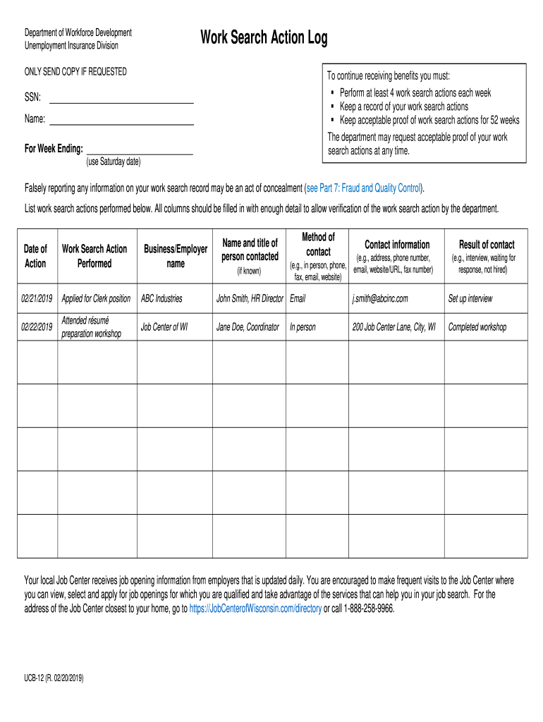  UCB 12, Work Search Action Log This Form May Be Used to Document Your Work Search Actions for a Week 2019-2024