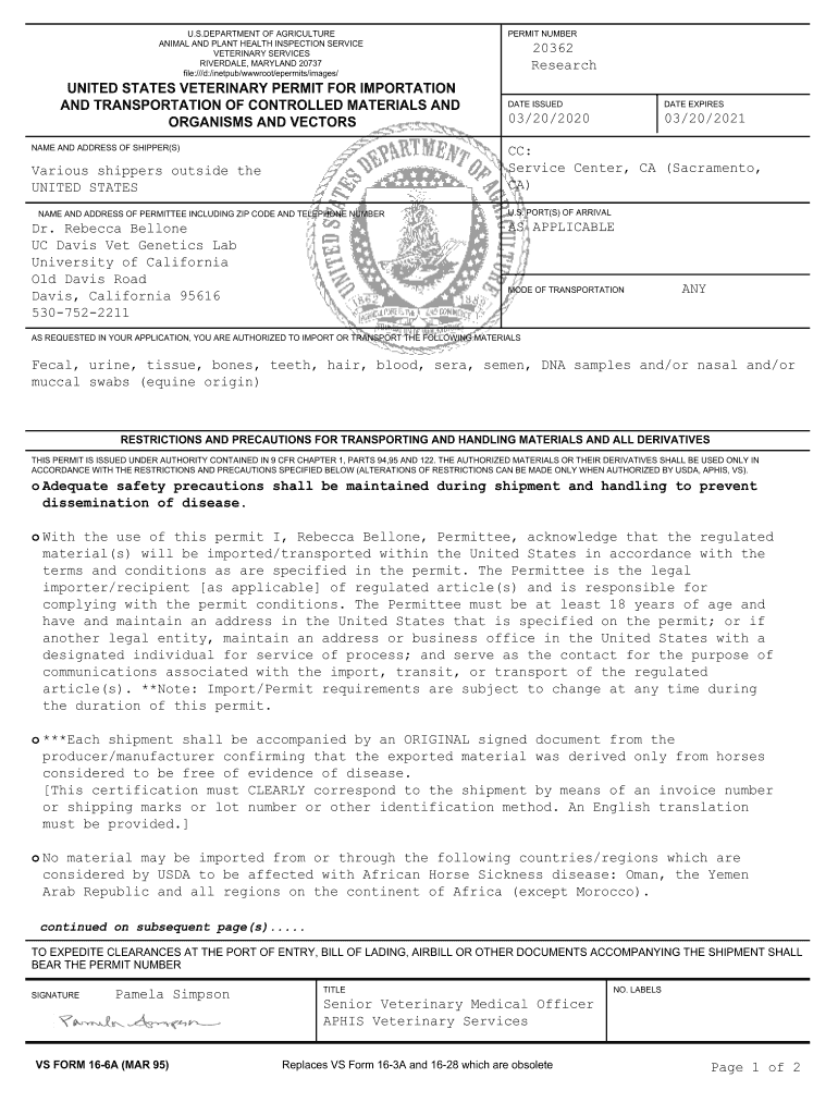 Import Permit UC Davis Veterinary Medicine  Form