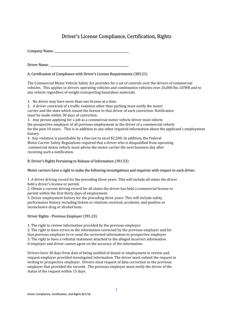 Certification of Compliance with Driver License Requirements  Form