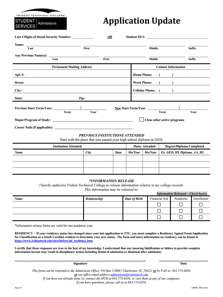  Ss4046ADA TTC Student Services Admissions Application Update Form 2019-2024