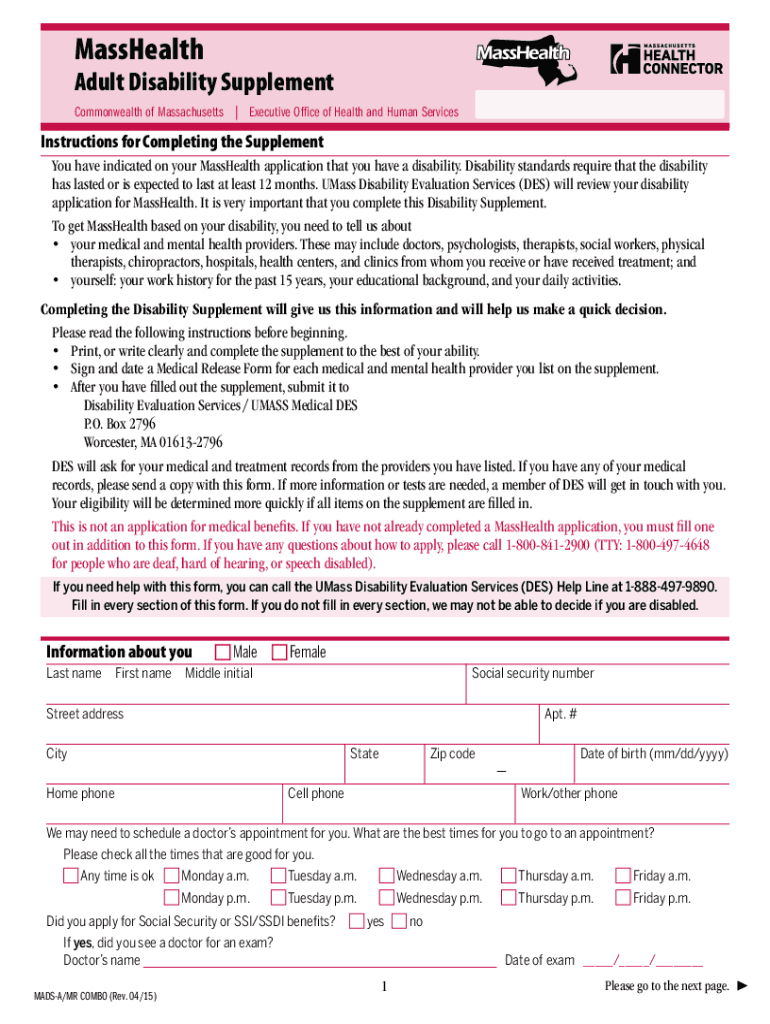 MassHealth Adult Disability Supplement  Form