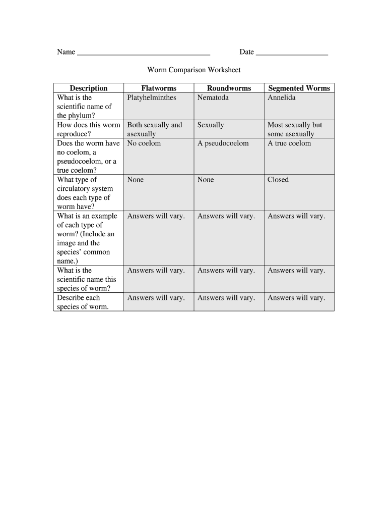 Worm Comparison Worksheet  Form