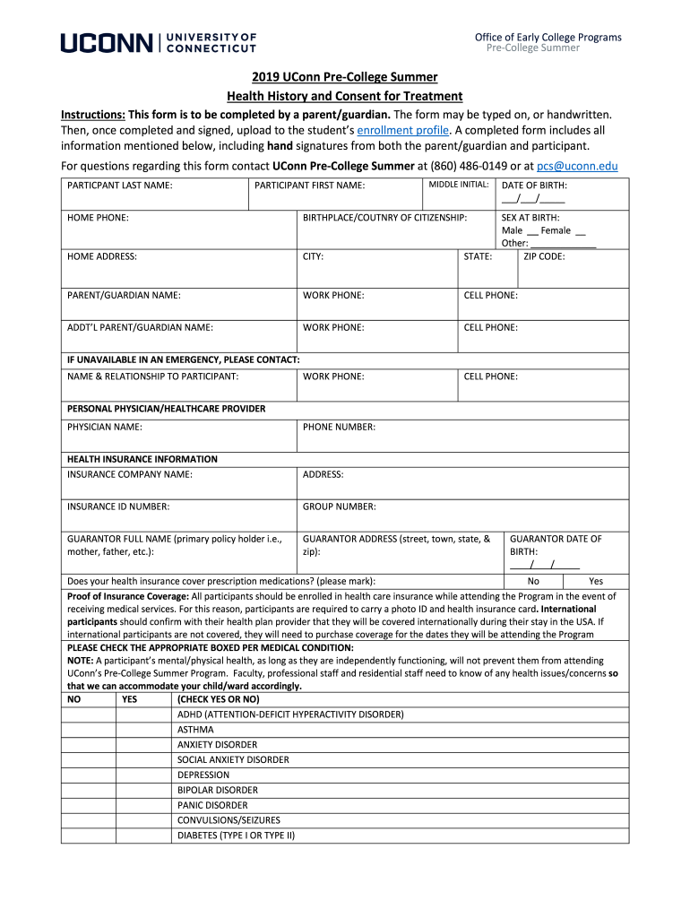  PCS Student Health Form UConn Pre College Summer 2019-2024