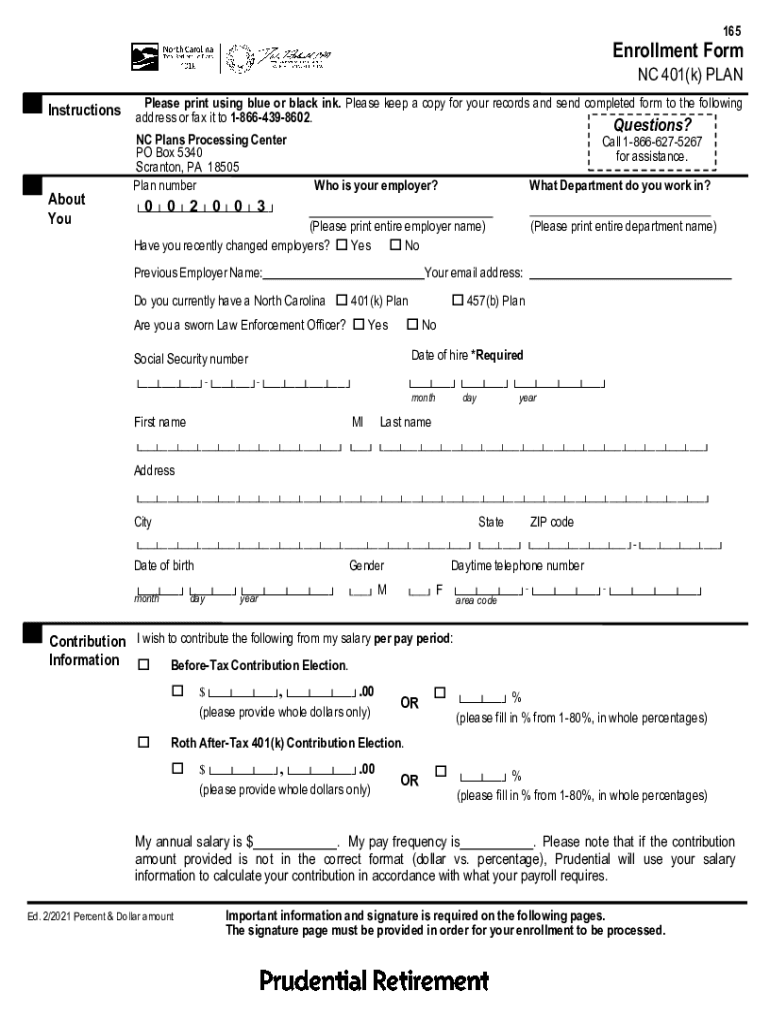 165Enrollment Form NC 401k PLAN Print Using Blue