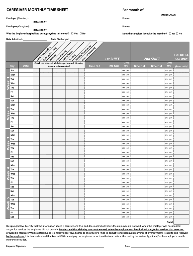 CAREGIVER MONTHLY TIME SHEET for Month of  Form