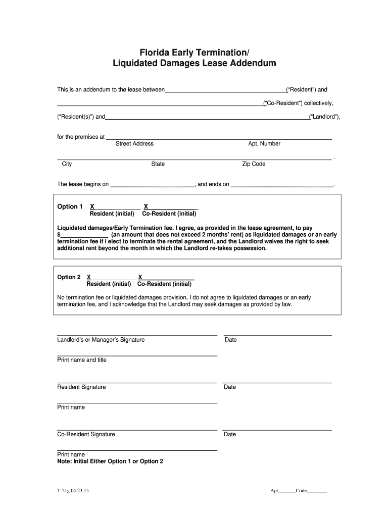 Florida Early Lease Termination Addendum Form