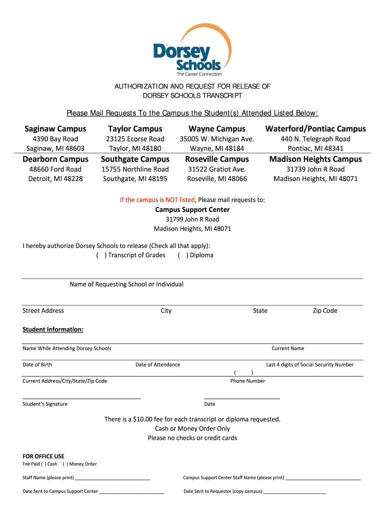 Dorsey College Transcript Request  Form