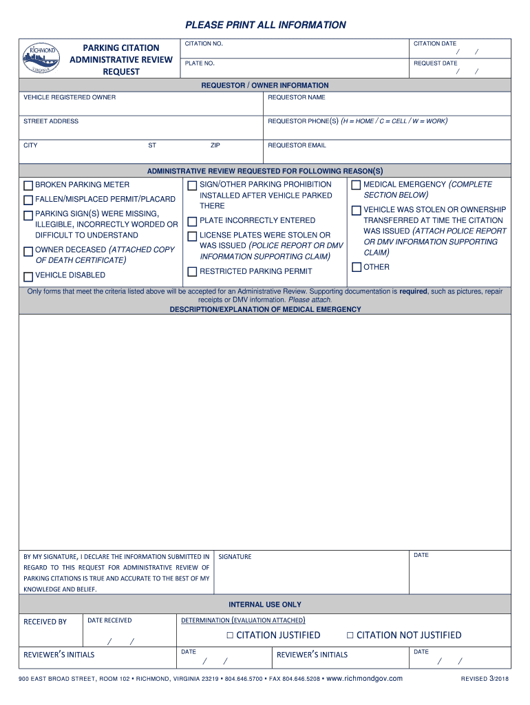 Parking Citation Administrative Review Request City of  Form