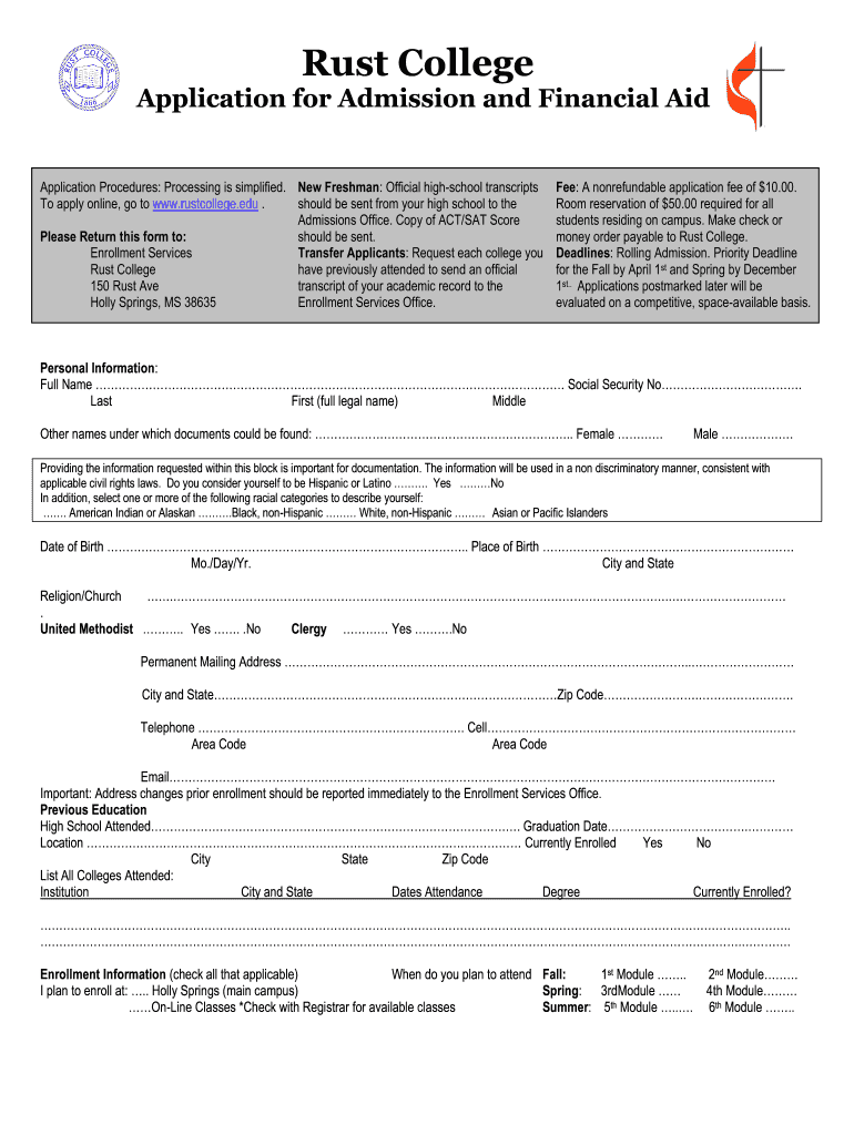 Rust College Application Fill Online, Printable  Form