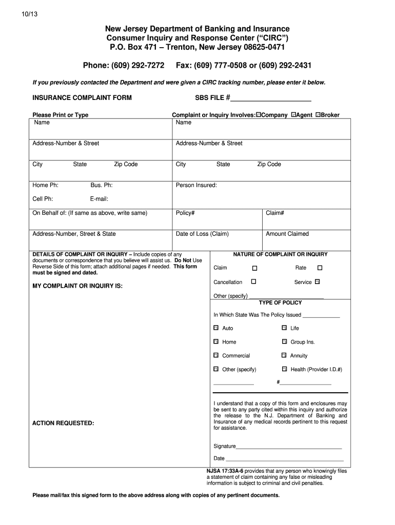 New Jersey Department of Banking and Insurance INSURANCE COMPLAINT FORM