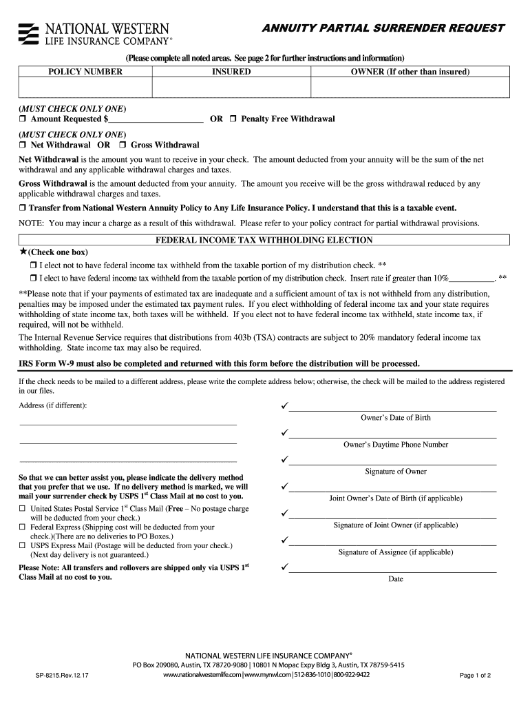  Annuity Partial Surrender Request National Western Life 2017-2024