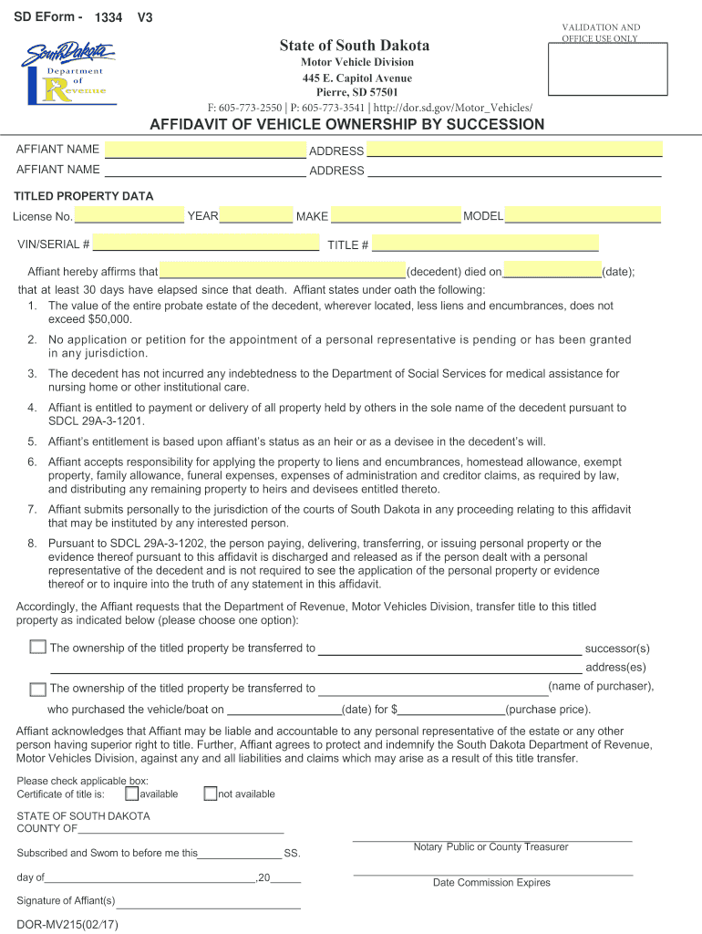  Fillable Online South Dakota AFFIDAVIT of VEHICLE 2017-2024