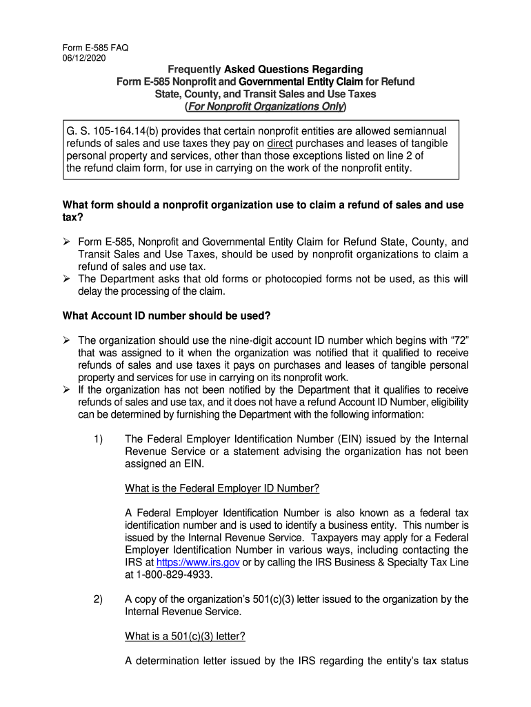  NC E 585 FAQ Fill Out Tax Template OnlineUS 2020