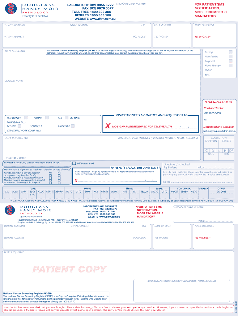  Douglass Hanly Moir Pathology Supplies Order Form 2019