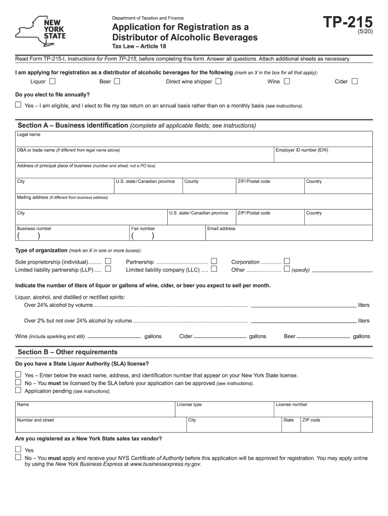  Form TP 215 Application for Registration as a Distributor of Alcoholic Beverages Revised 520 2020