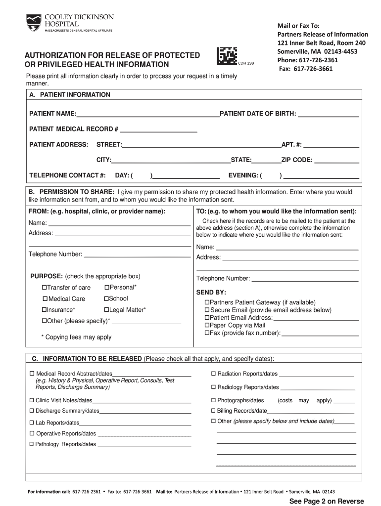  Cooley Dickinson Hospital Medical Release Form 2019-2024