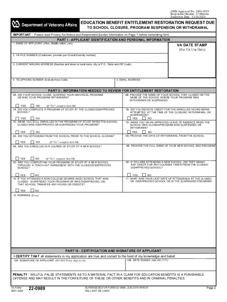  22 0989 Education Benefit Entitlement Restoration Request Due to School Closure, Program Suspension or Withdrawal 2020