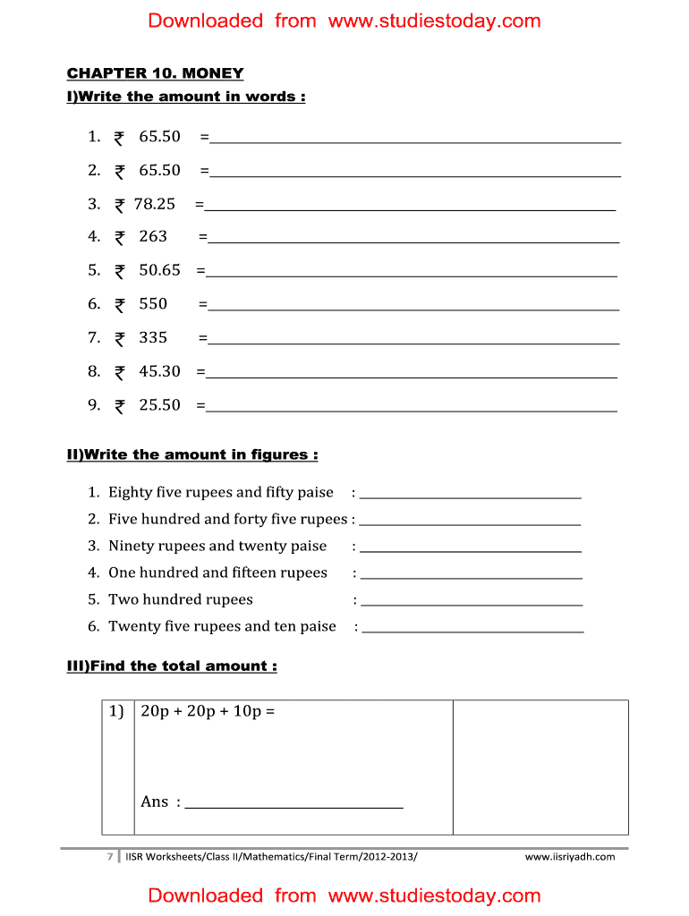Money Chapter for Class 2 PDF  Form
