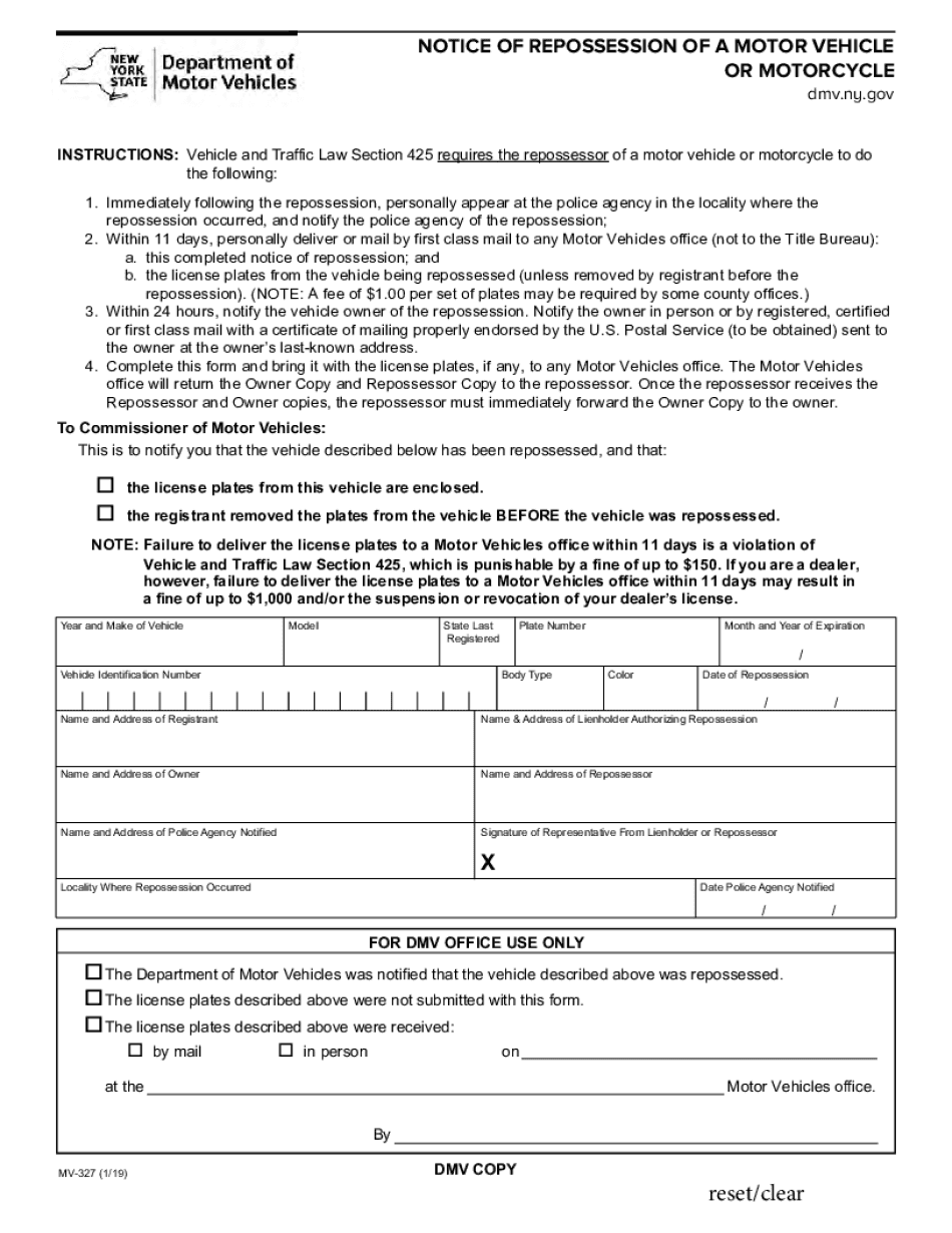  INSTRUCTIONS Vehicle and Traffic Law Section 425 Requires the Repossessor of a Motor Vehicle or Motorcycle to Do 2019-2024